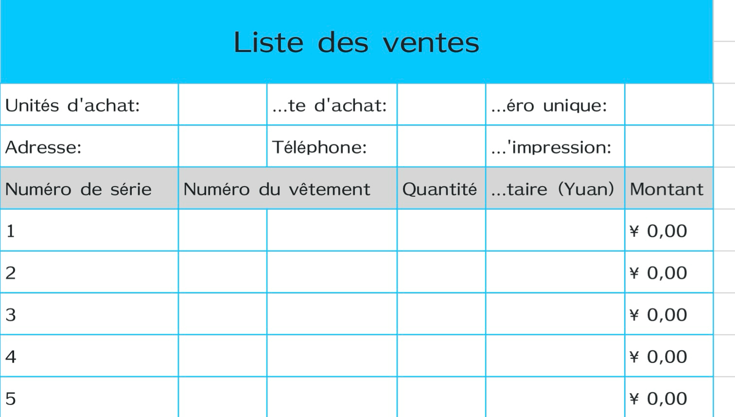 Liste des ventes de vêtements 1
